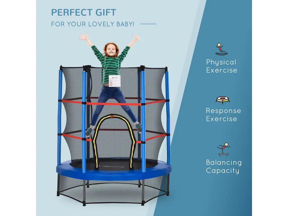 A child jumping on the trampoline with text highlighting physical and response exercise benefits.