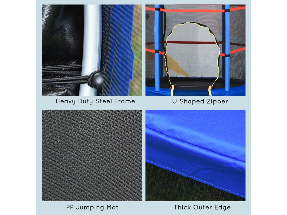 Four close-up images showing the steel frame, zipper, jumping mat, and outer edge padding.