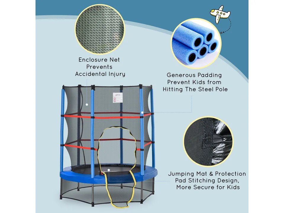 Trampoline with callouts pointing to the enclosure net, padding, and stitching design.