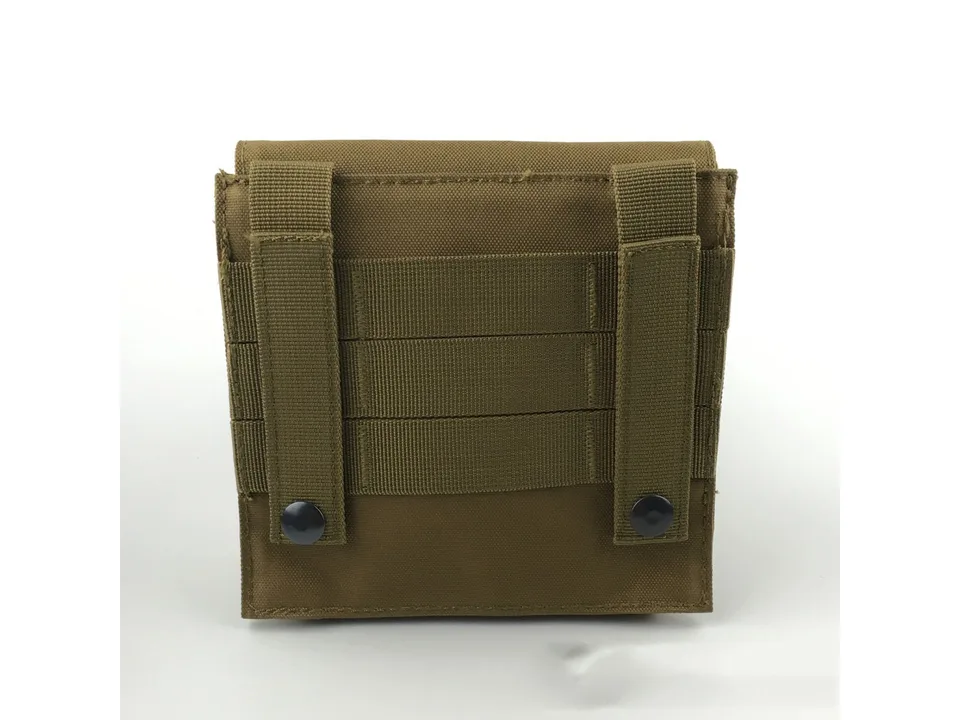 Rear view of a tan tactical pouch showing MOLLE attachment straps.