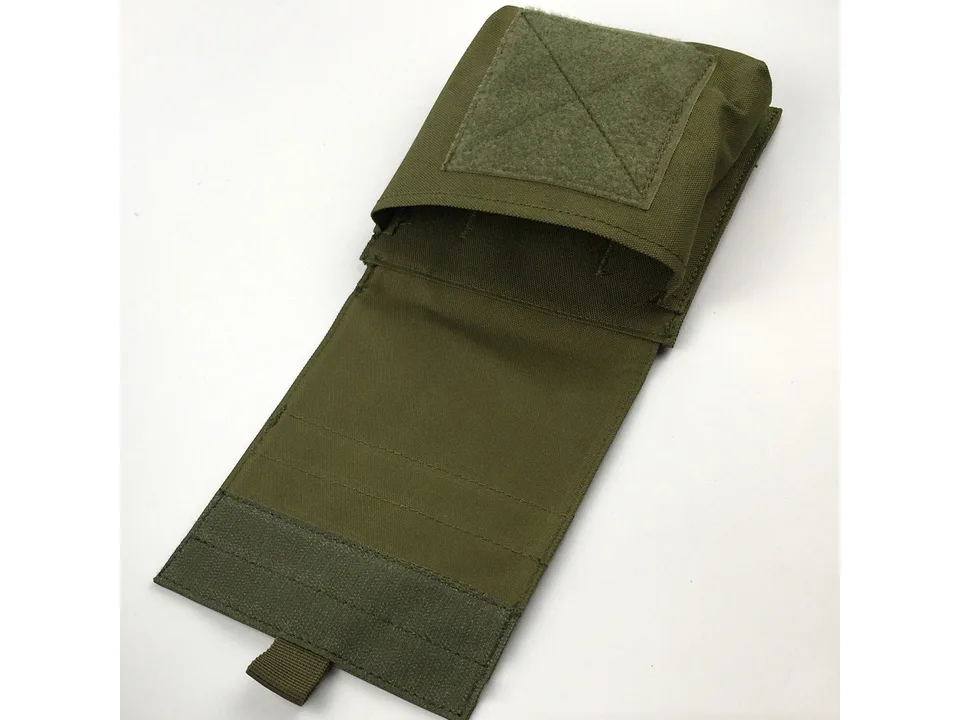 Open olive green tactical pouch showing internal compartments.