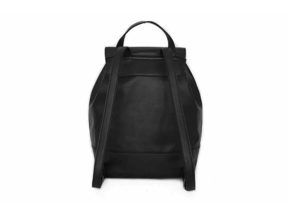 Black drawstring backpack, back view showing straps