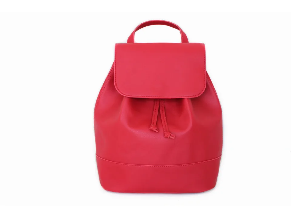 Red drawstring backpack, front view