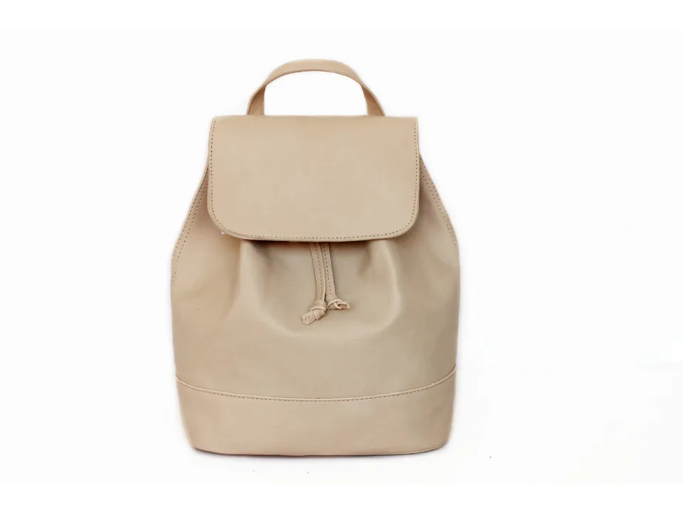 Beige drawstring backpack, front view