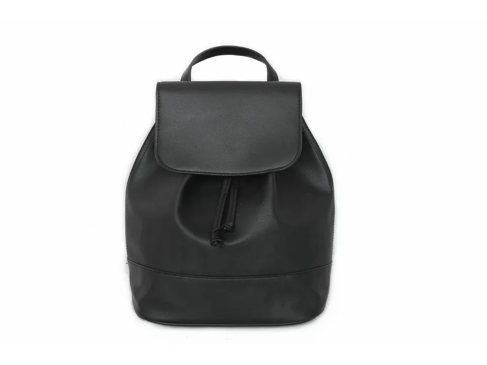Black drawstring backpack, front view