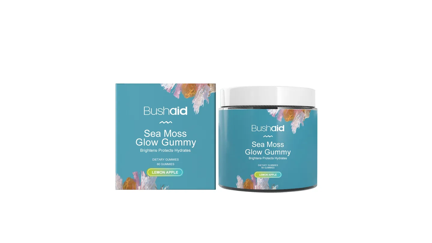 Bushaid Sea Moss Glow Gummy dietary supplement box and jar, lemon apple flavor.