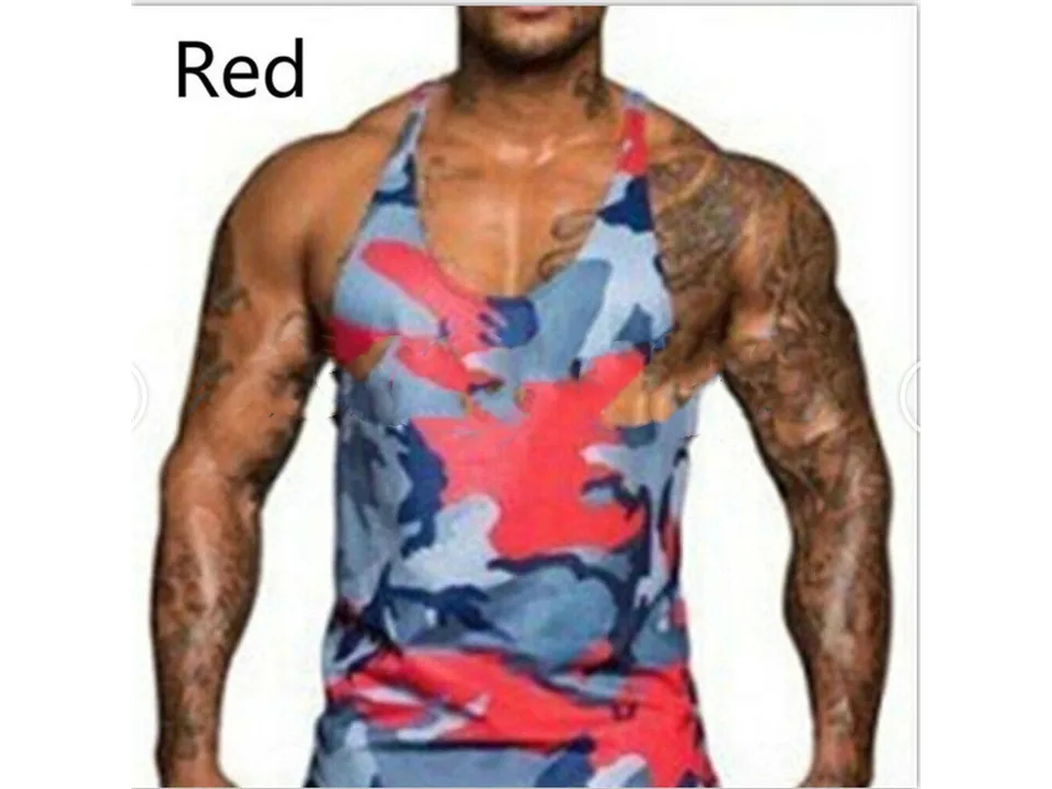 A muscular man wearing a red camouflage tank top.