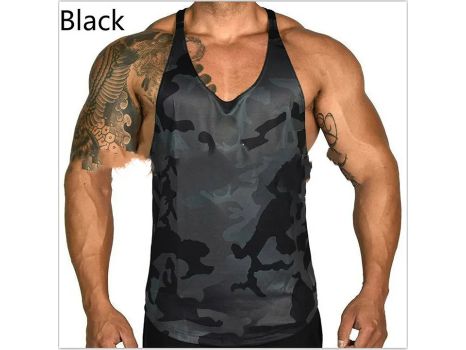 A muscular man wearing a black camouflage tank top.