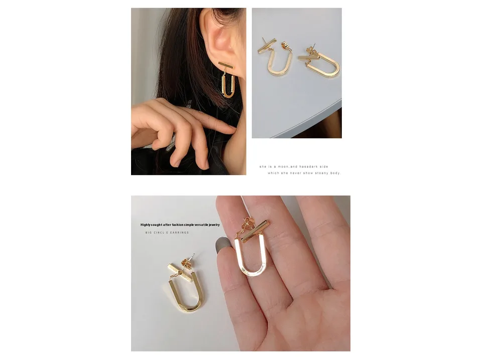 A split image showing a gold U-shaped earring on an ear and a pair of the earrings on a surface.