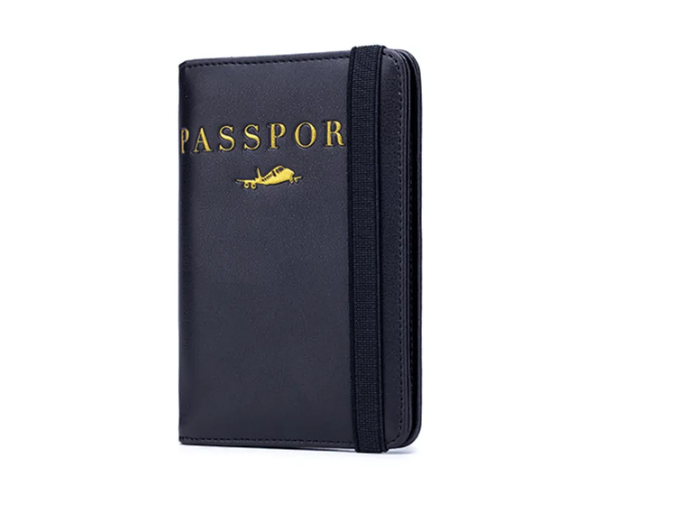 A black passport holder with an elastic strap on a white background.