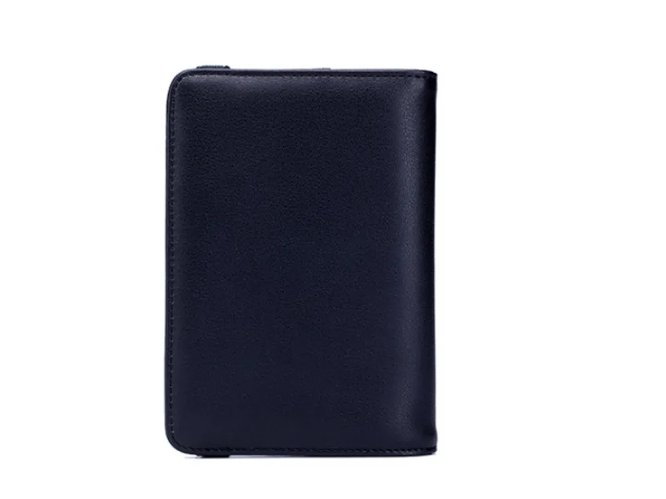 The back view of a black passport holder.