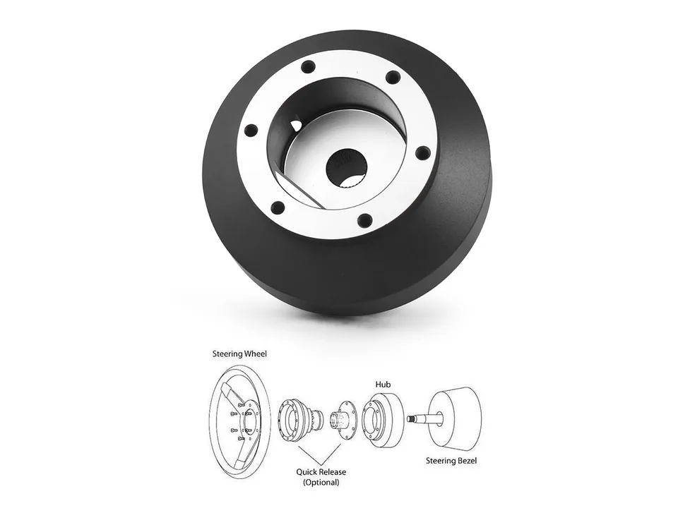 Steering wheel hub adapter shown with an assembly diagram for installation.