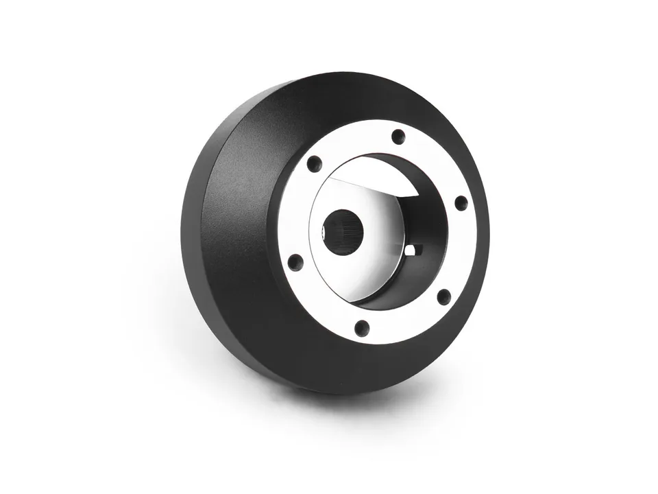 Front view of the black and silver steering wheel hub adapter.