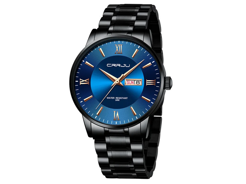Men's analog watch with a blue dial and black metal band.