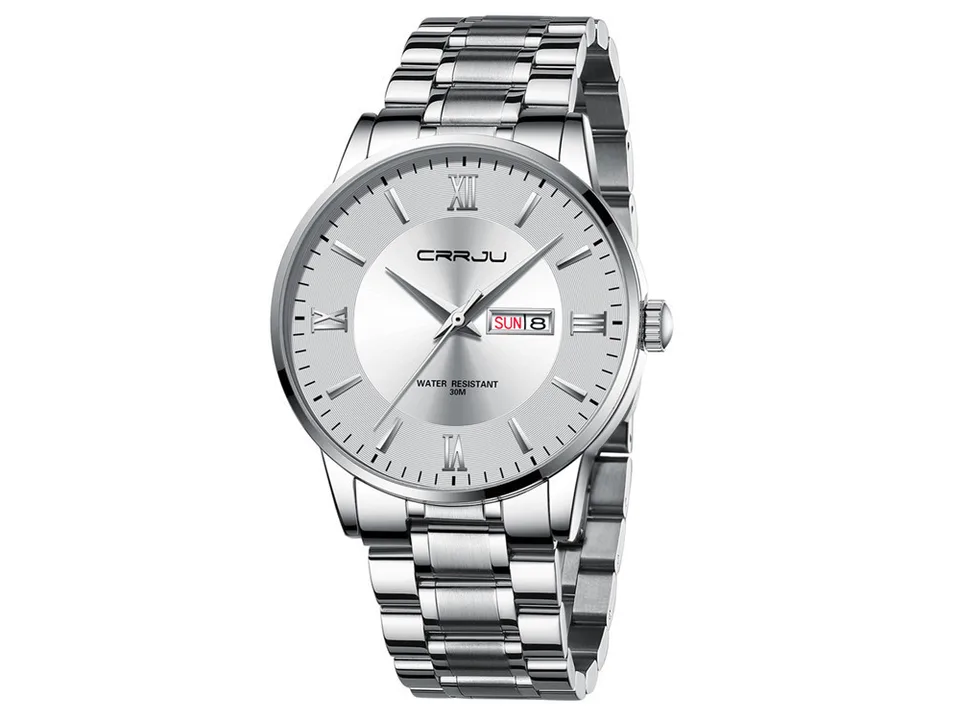 Men's analog watch with a silver dial and silver metal band.