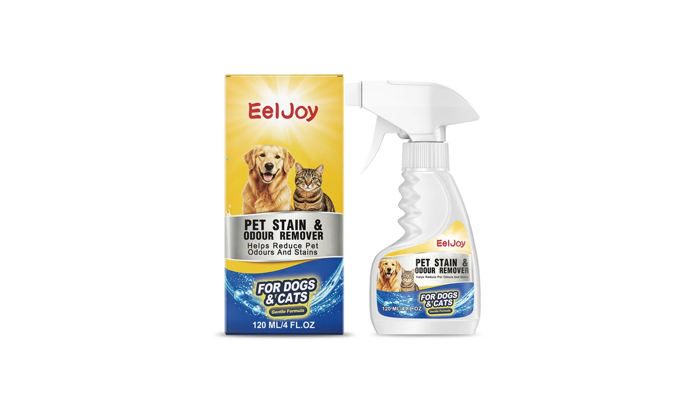 EelJoy pet stain and odour remover spray bottle and its packaging box.