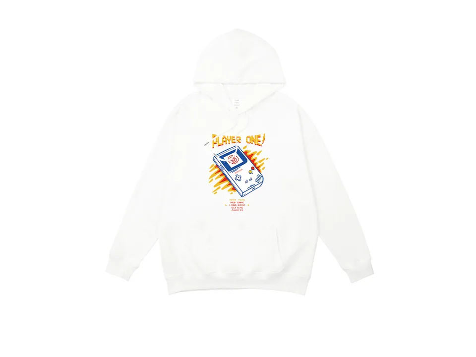 White hooded sweatshirt with a retro gaming console graphic on the front.