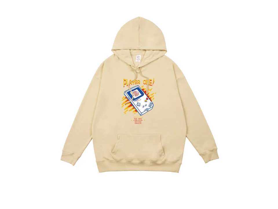 Beige hooded sweatshirt with a retro gaming console graphic on the front.