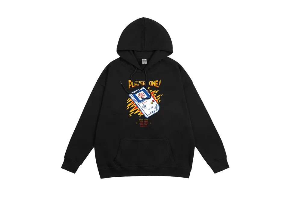 Black hooded sweatshirt with a retro gaming console graphic on the front.