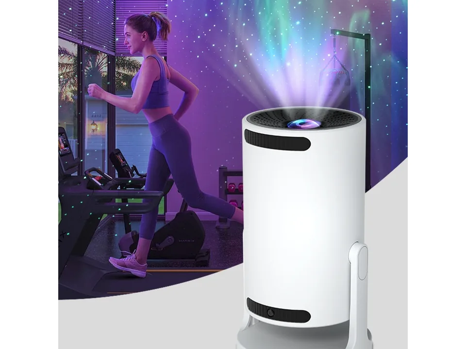 Star projector lamp in a home gym setting with a woman running on a treadmill.