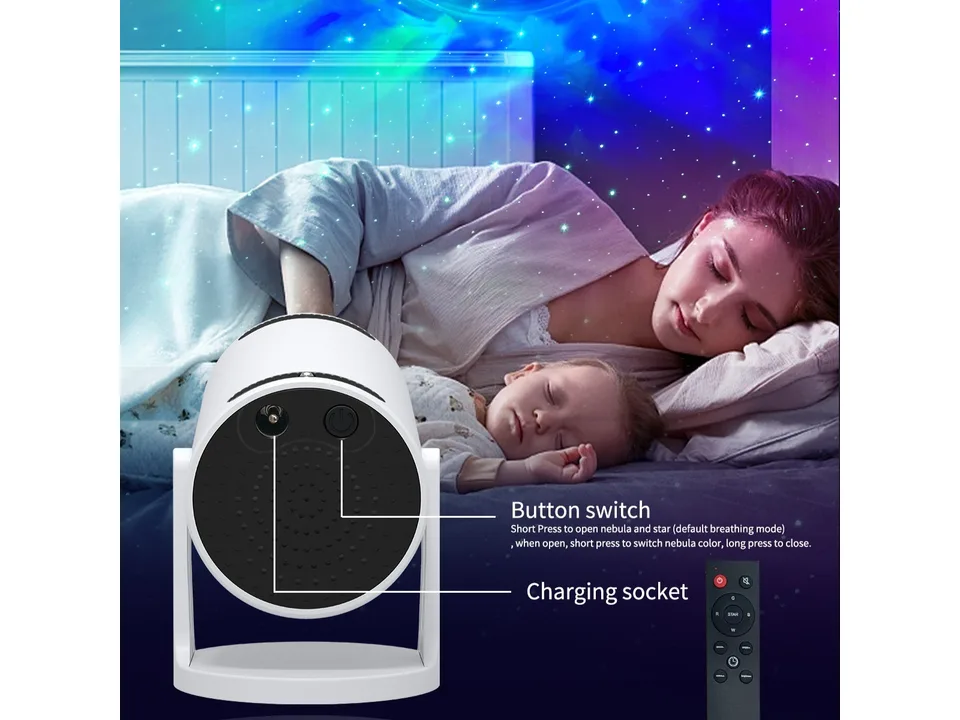 Star projector lamp in a bedroom with a sleeping woman and child, showing button and charging port locations.