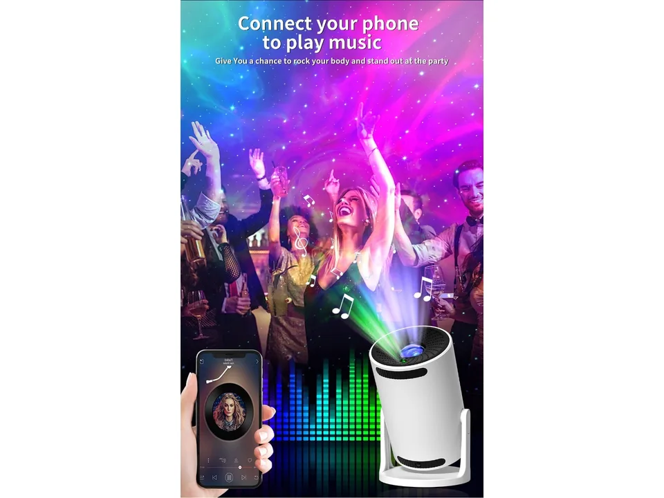 Star projector lamp at a party with people dancing, showing phone connection for music.