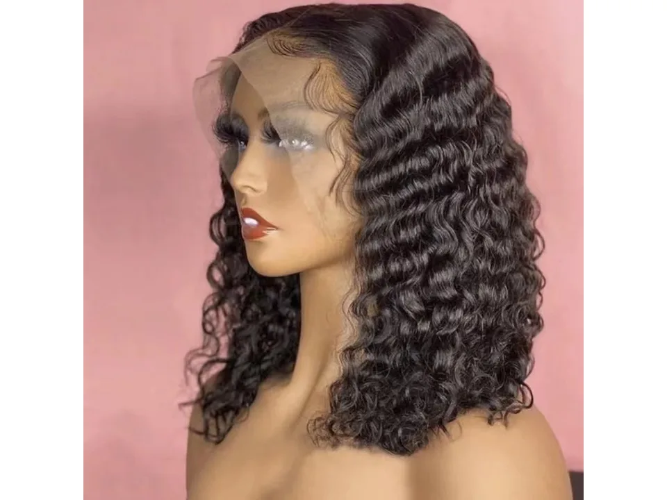 Side profile of a curly lace front wig on a mannequin.