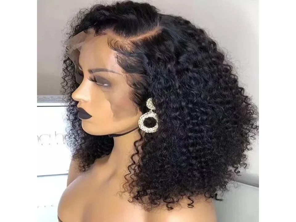 Close-up of a curly lace front wig on a mannequin head.