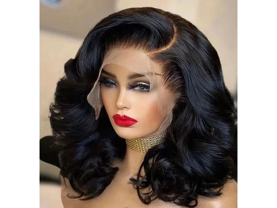 Side view of a styled curly lace front wig on a mannequin.