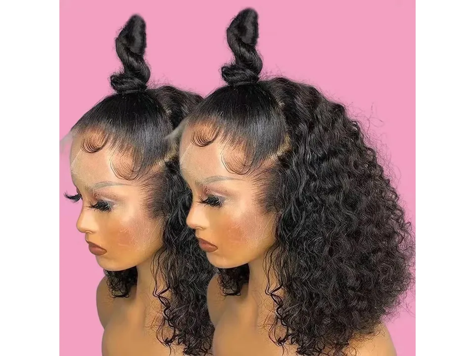 Curly lace front wig styled with a top knot on a mannequin.