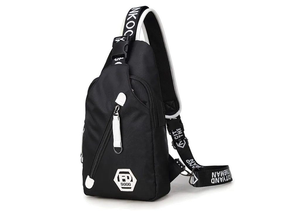 Angled view of a black chest bag showing the side profile and adjustable strap.
