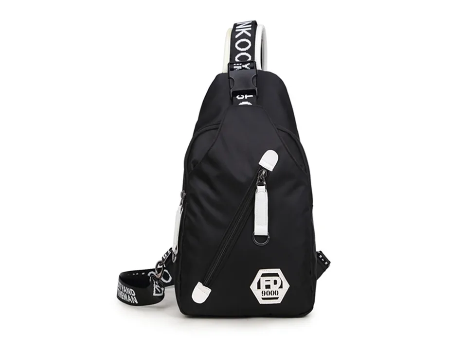 Front view of a black chest bag with white strap details and a logo patch.