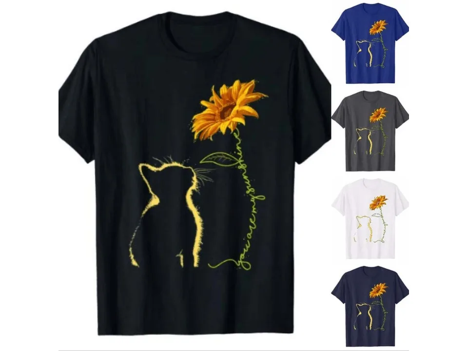 A black t-shirt with a cat and sunflower graphic, alongside smaller images of the same shirt in other colors.