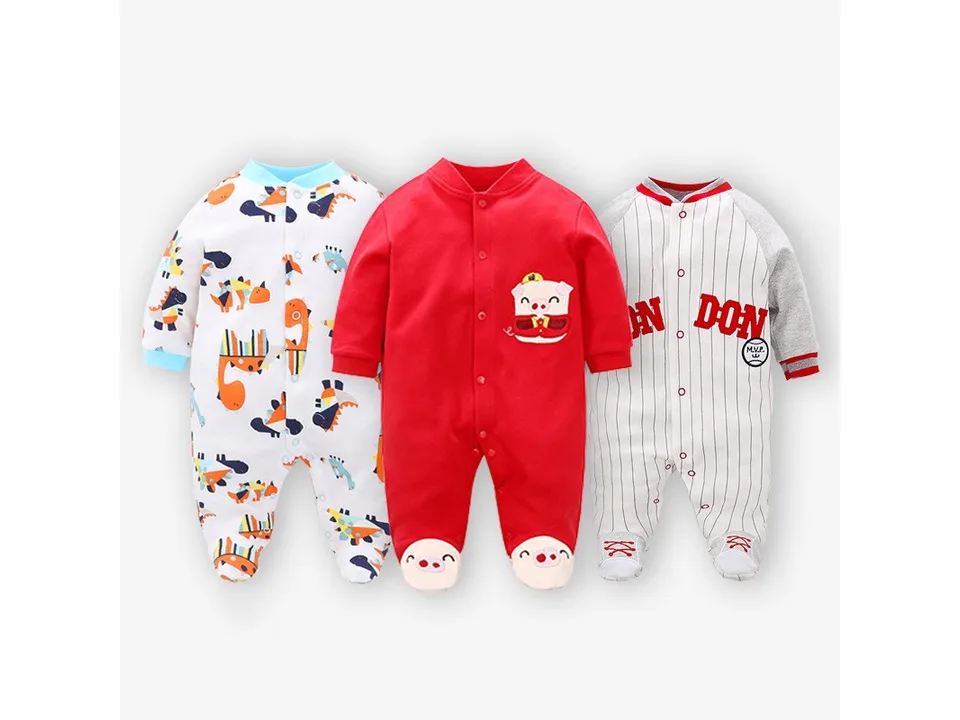 Three different baby rompers displayed side by side.