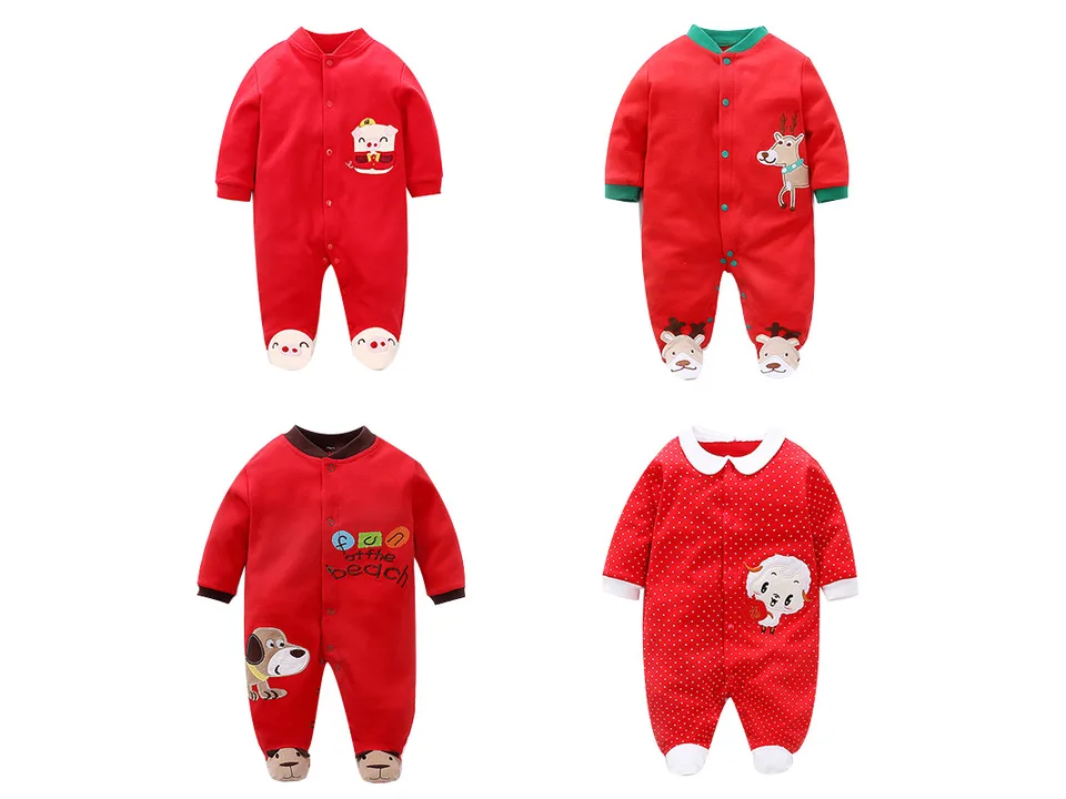 Four different styles of baby rompers with various animal designs.