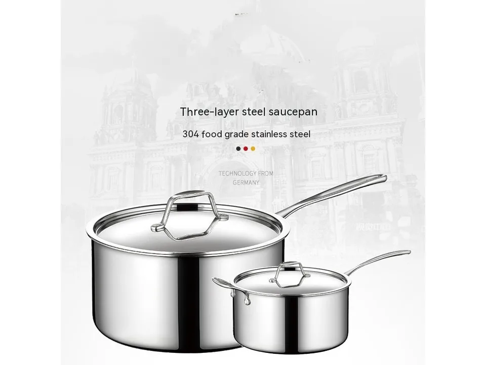 Two stainless steel sauce pots with lids against a neutral background.