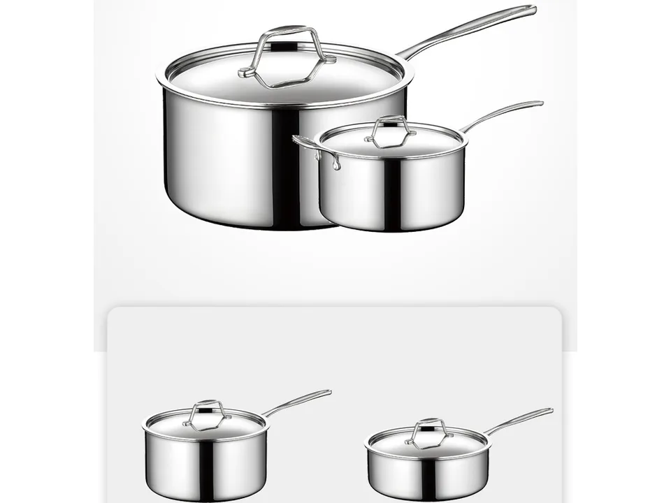 Two stainless steel sauce pots with lids.