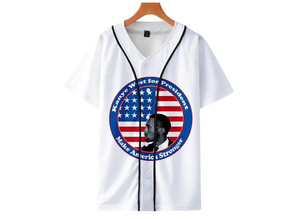 White baseball jersey with a Kanye West for President graphic on the front.