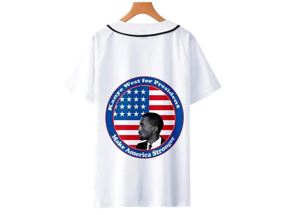 Back view of the white baseball jersey with the Kanye West for President graphic.