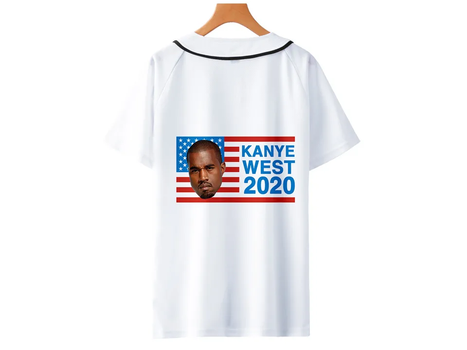 Back view of the white baseball jersey with the Kanye West 2020 graphic.