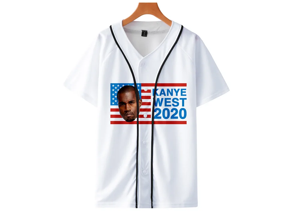 White baseball jersey with a Kanye West 2020 graphic on the front.
