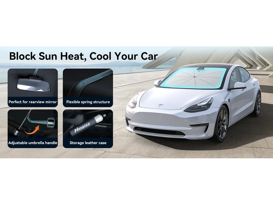 Car windshield sun shade umbrella installed in a car with close-ups of features and storage case.