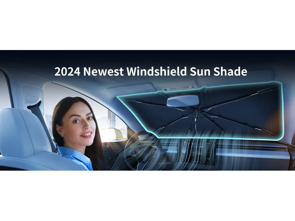 Woman sitting in a car with the windshield sun shade umbrella installed.