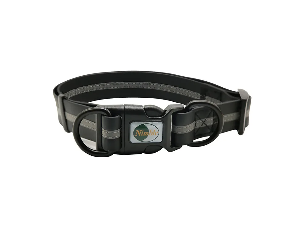 A black reflective dog collar with a buckle and D-ring.