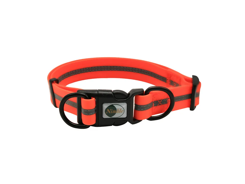 An orange reflective dog collar with a buckle and D-ring.