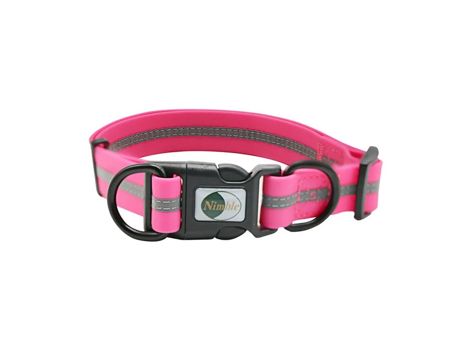 A pink reflective dog collar with a buckle and D-ring.