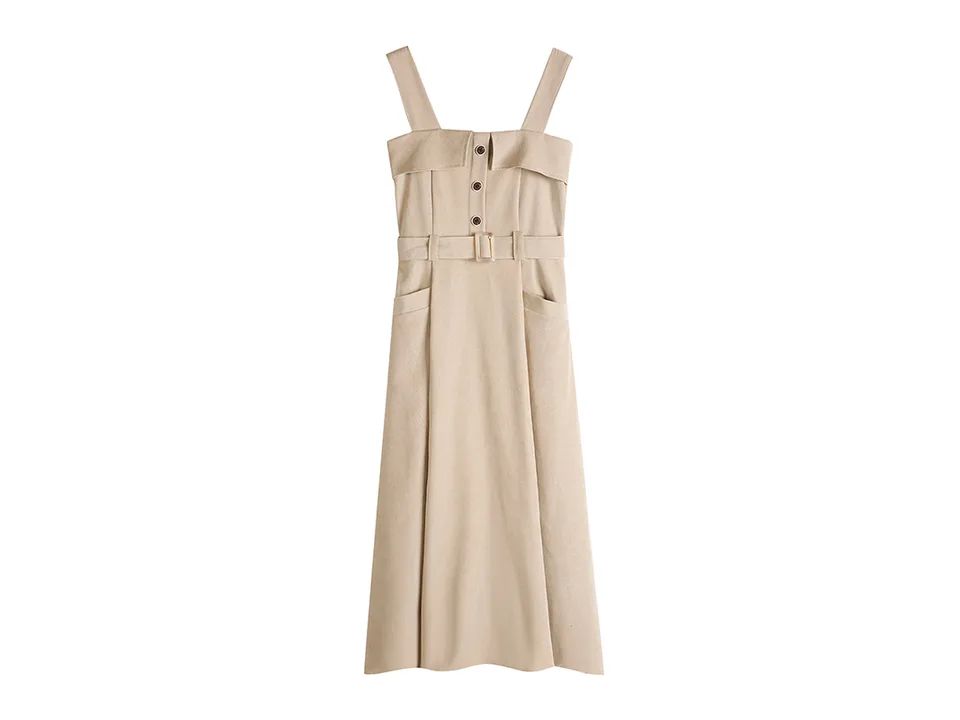 Beige corduroy pinafore midi dress with belt and button detail on a white background.