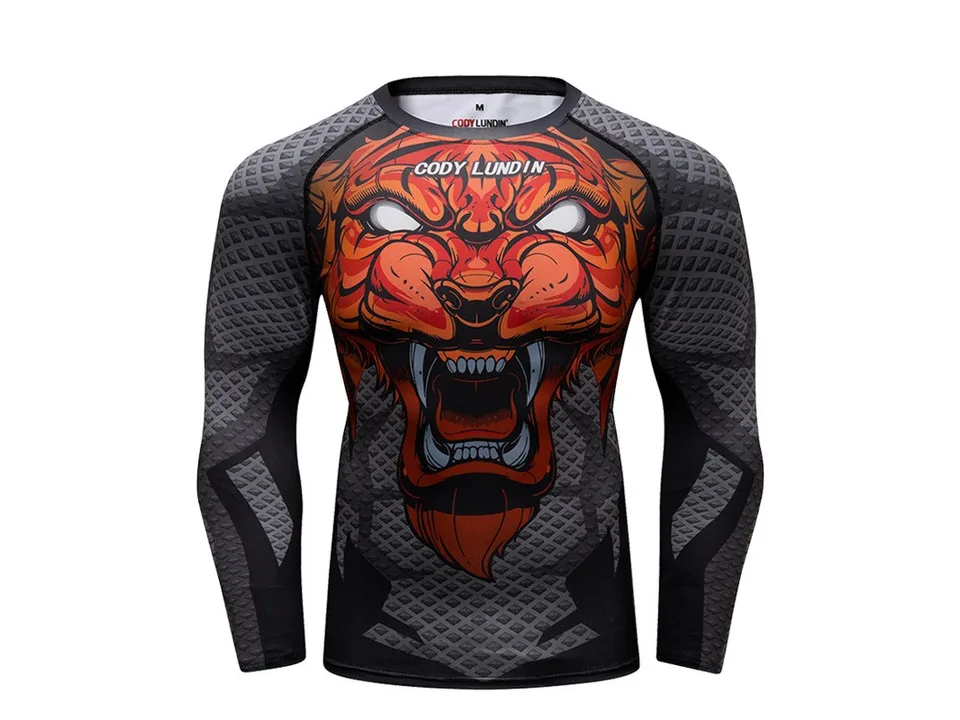 Long-sleeve compression shirt featuring a tiger face graphic.