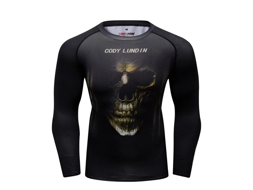 Black long-sleeve compression shirt with a skull graphic on the chest.