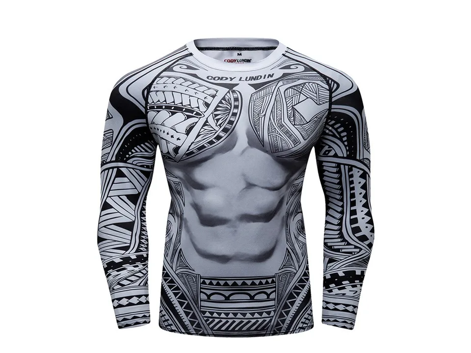 Long-sleeve compression shirt with a tribal-style tattoo pattern.